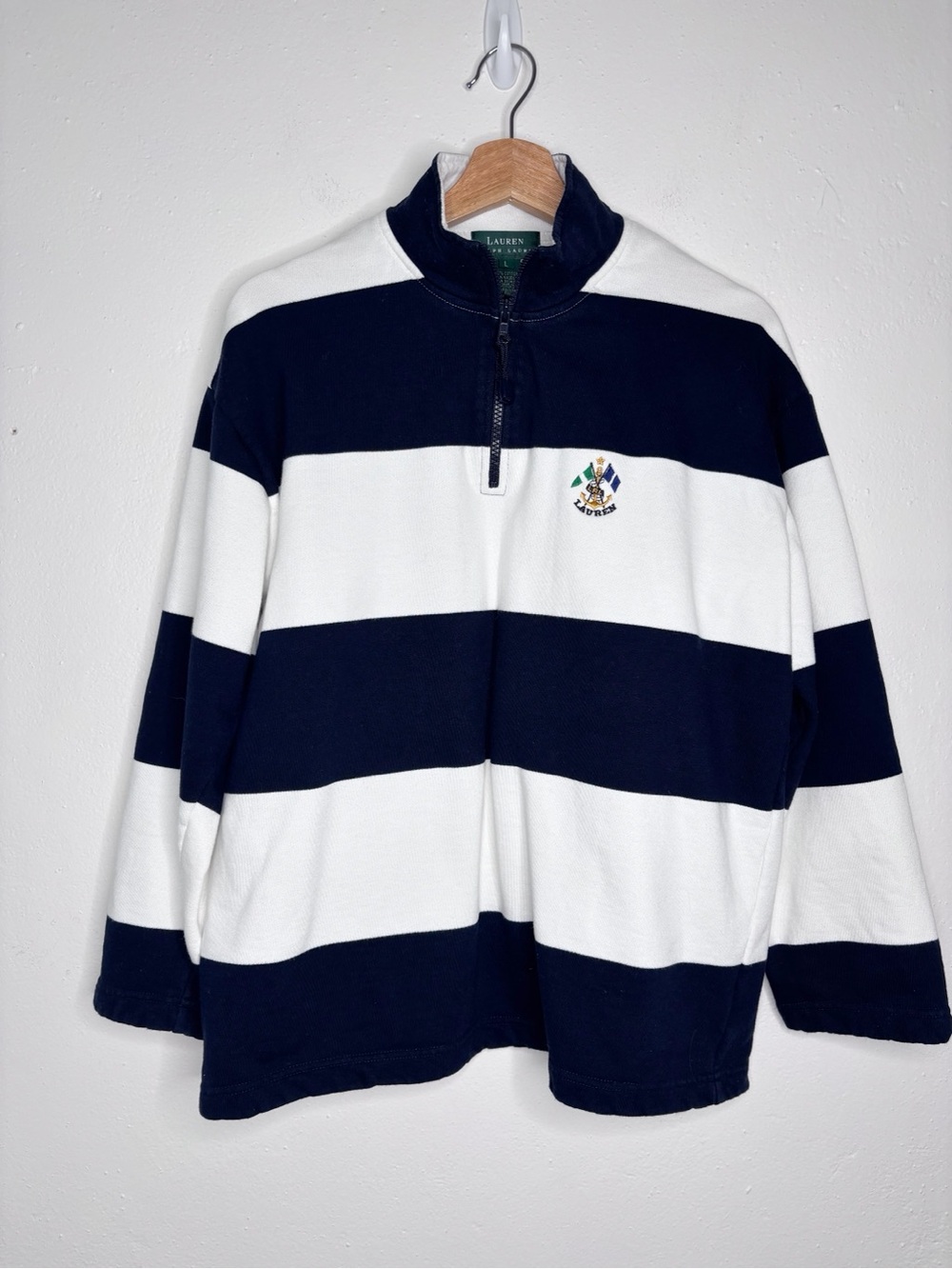 Lauren Ralph Lauren Quarter Zip Rugby Stripe Cotton Sweatshirt Navy White L EUC